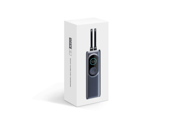 Hvit produkteske til RG1 powerbank med bilde av powerbanken på forsiden