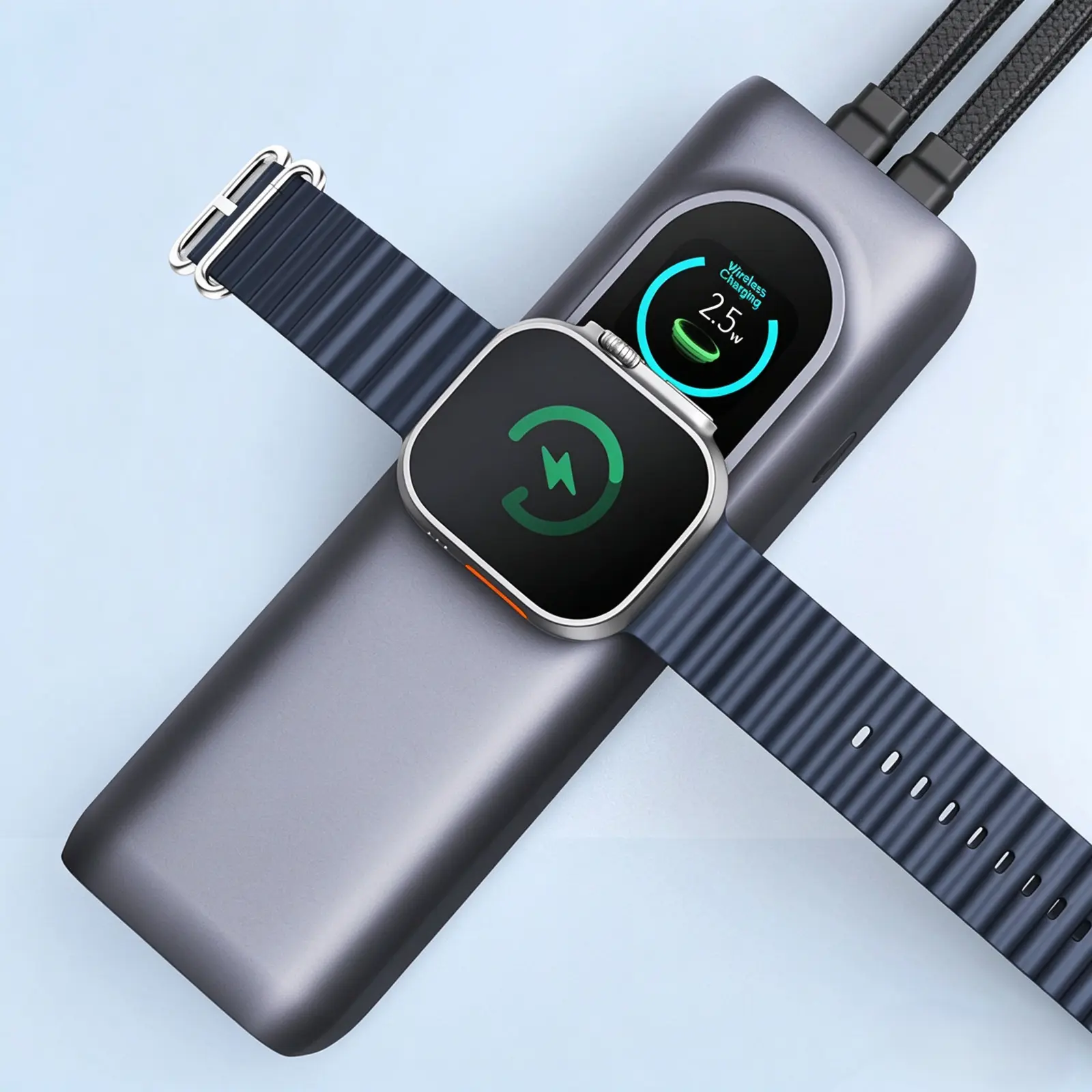 Apple Watch lades på den magnetiske ladeflaten på RG1 powerbank