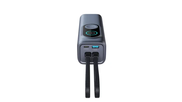 USB-C-port, USB-A-port og to innebygde kabler på toppen av RG1 powerbank