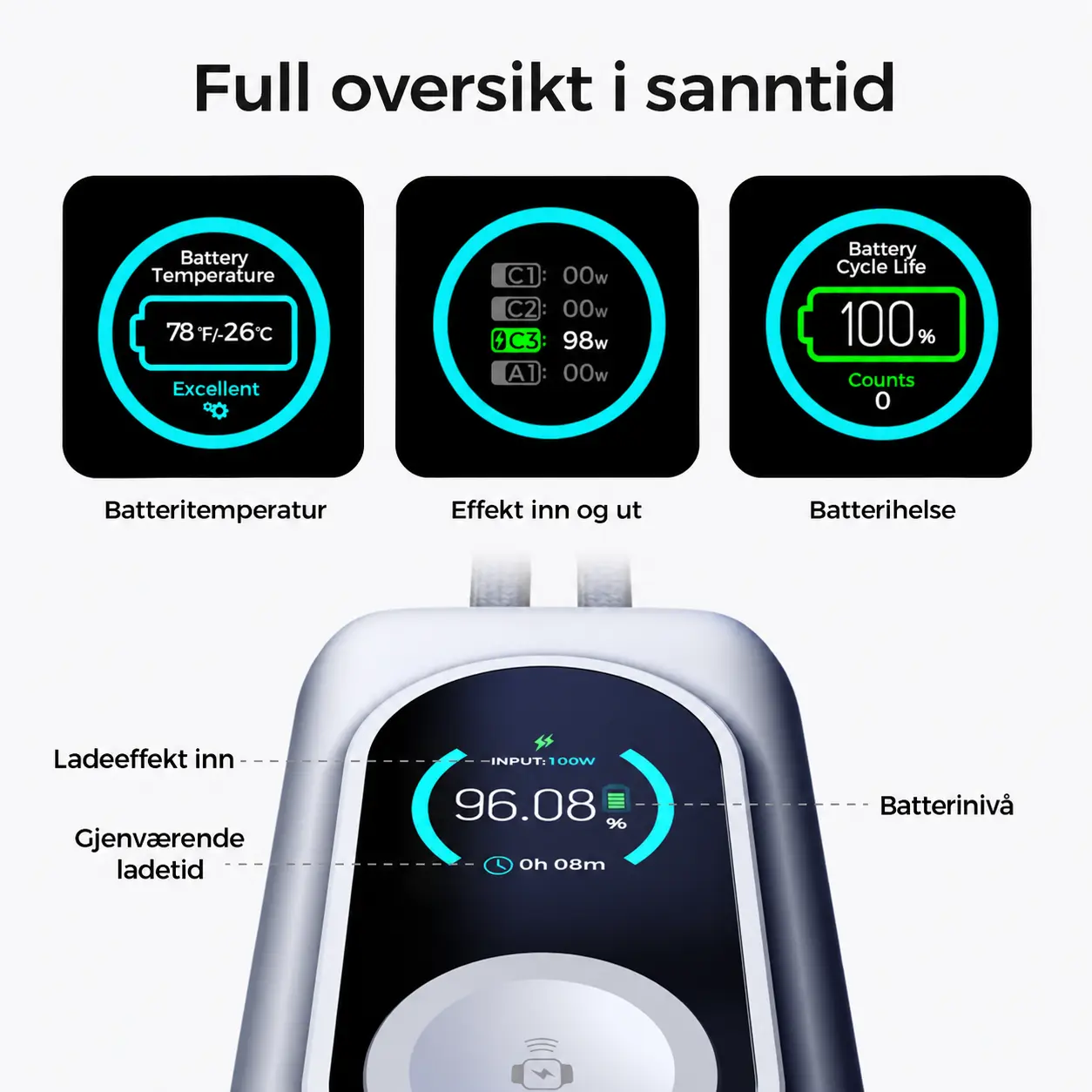 RG1 TFT-skjerm med oversikt over batterinivå, ladeeffekt, temperatur, batterihelse og ladetid